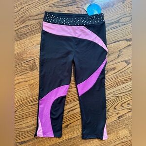 NWT New MORET KIDS Dance Activewear Crop Rhinestone Leggings Black Purple Pink L